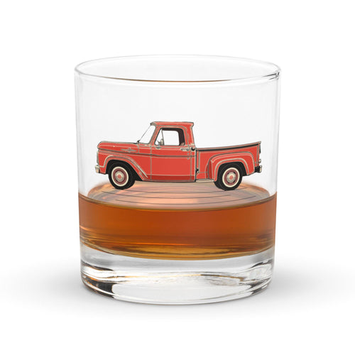 1963 Ford Truck Whisky Rocks Glass | Vintage Car Glassware | Custom Red Pickup Truck Design | Premium Barware | Gift for Car Enthusiasts